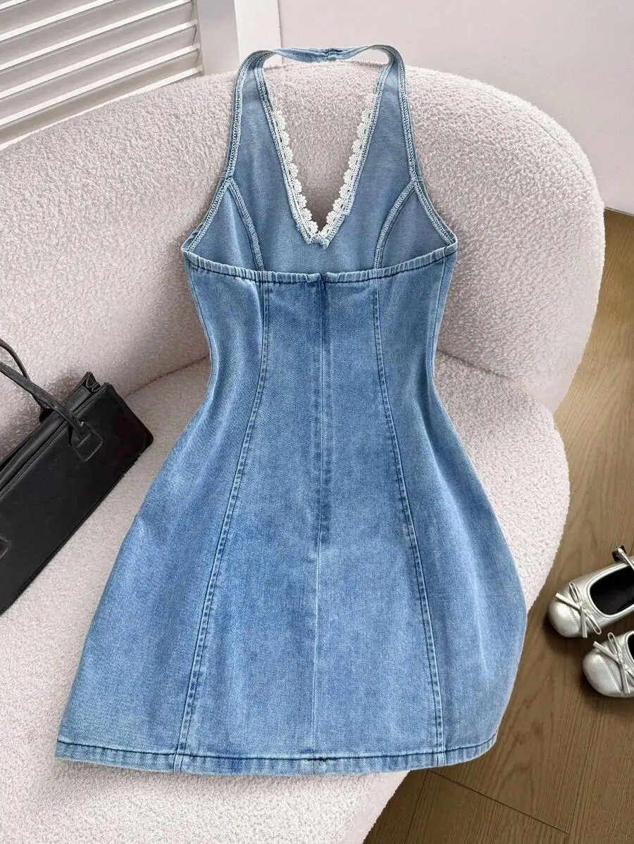 

Womens Halter Neck Denim Mini Bodycon Dress With Lace Trim Blue Summer Casual Outfit