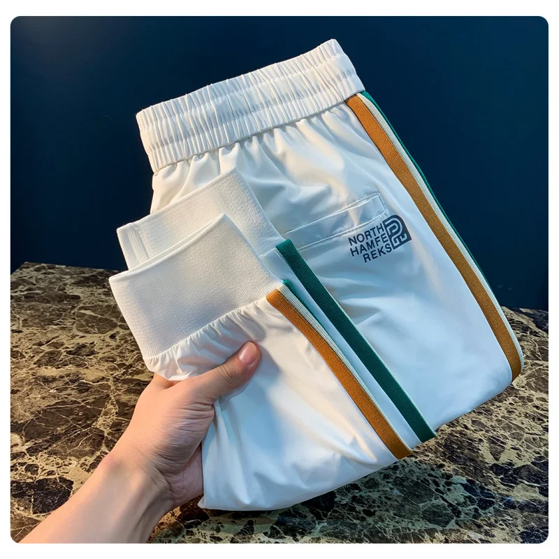 

Брюки из ледяного шелка 2025 года, мужские летние тонкие модные дышащие быстросохнущие спортивные эластичные повседневные брюки с принтом