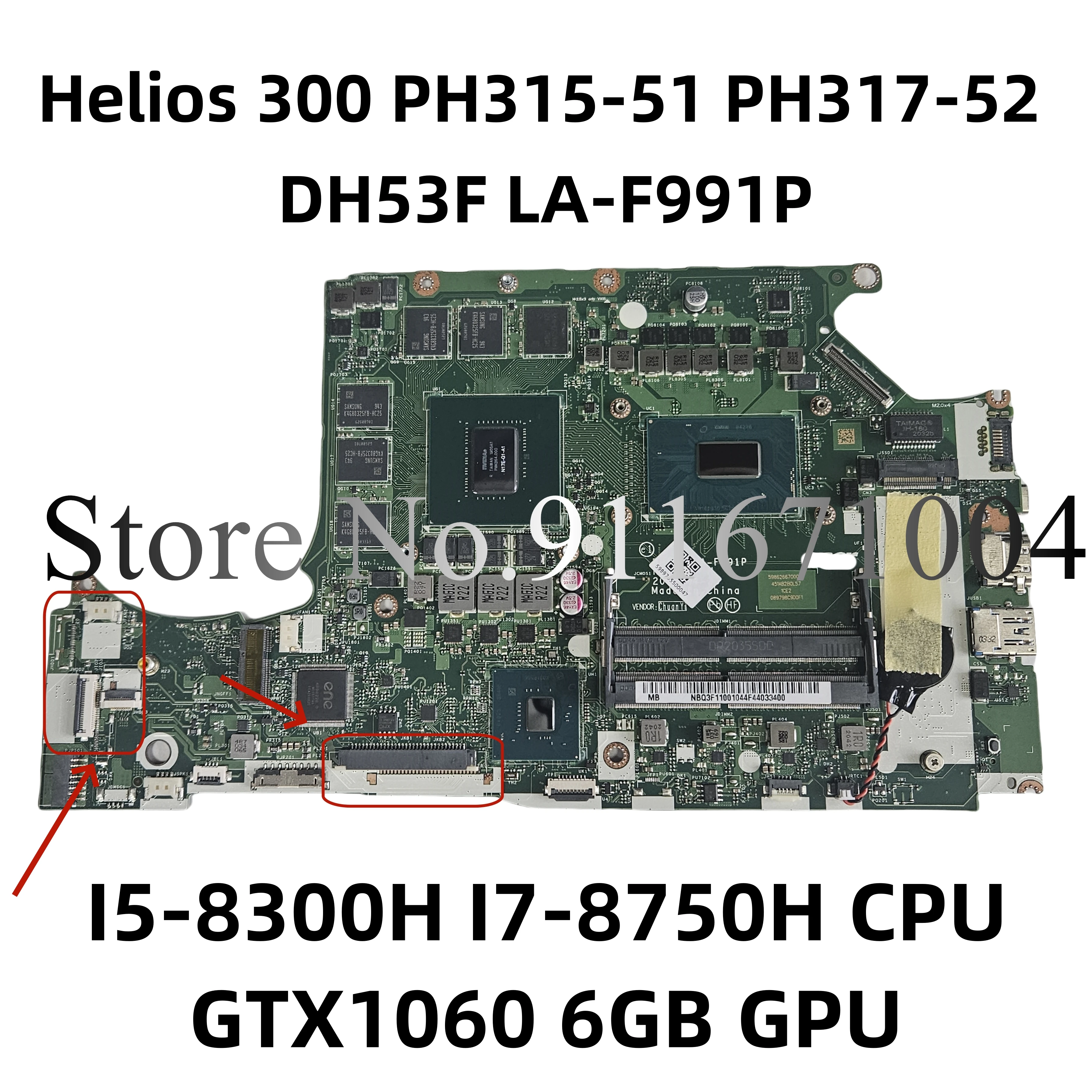 

DH53F LA-F991P For Acer PH315-51 PH317-52 A717-72G Laptop Motherboard With I5-8300H I7-8750H CPU GTX1060 6GB GPU NBGXE11001