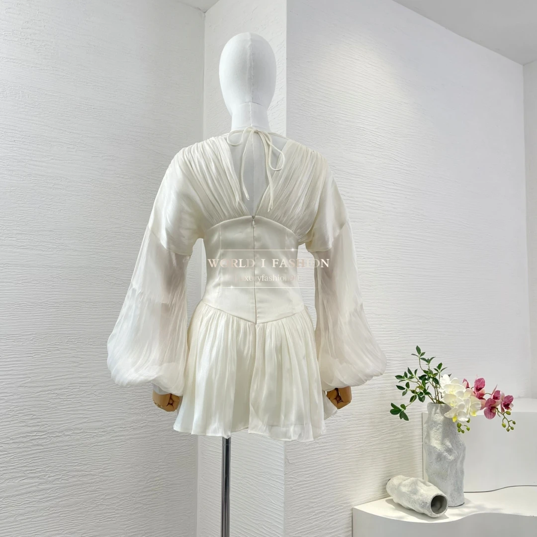 

Высококачественное женское мини-платье с белым бантом и длинным рукавом с V-образным вырезом 2025г