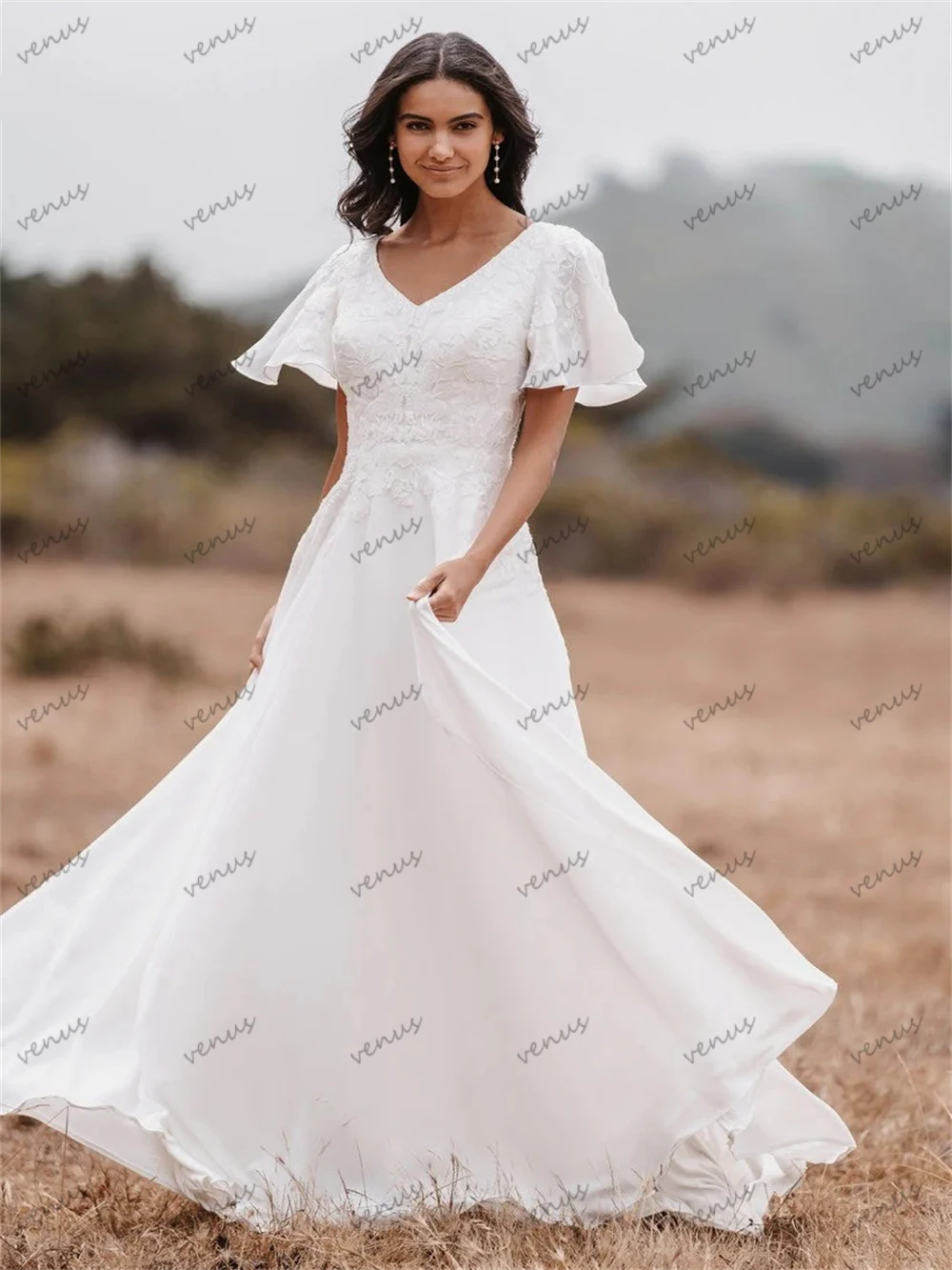 Bohemia Wedding Dresses A-Line Chiffon Bridal Gowns Flare Sleeves V-Neck Robes For Formal Party Elegant Vestidos De Novia 2024