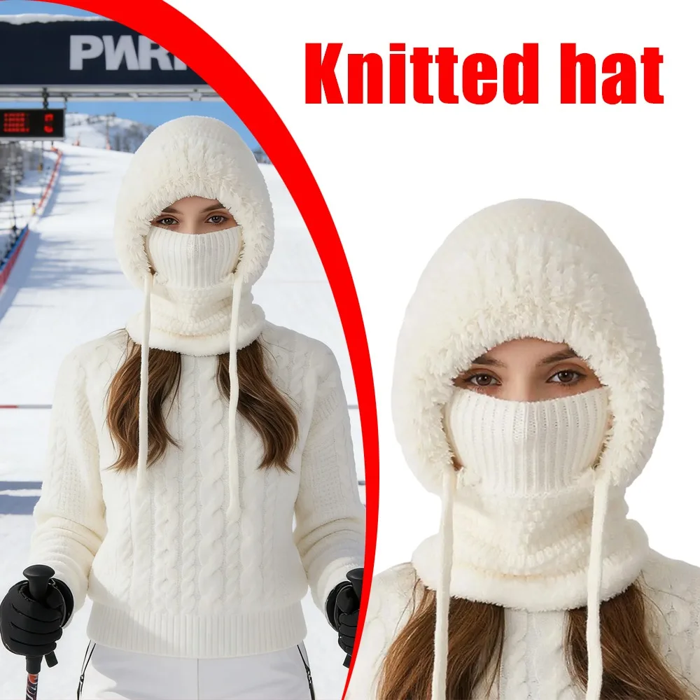 Adjustable Strap Knitted Hat Soft Winter Hat Winter Windproof Knitted Hat Scarf Set with Face Guard for Women Soft Plush Hooded