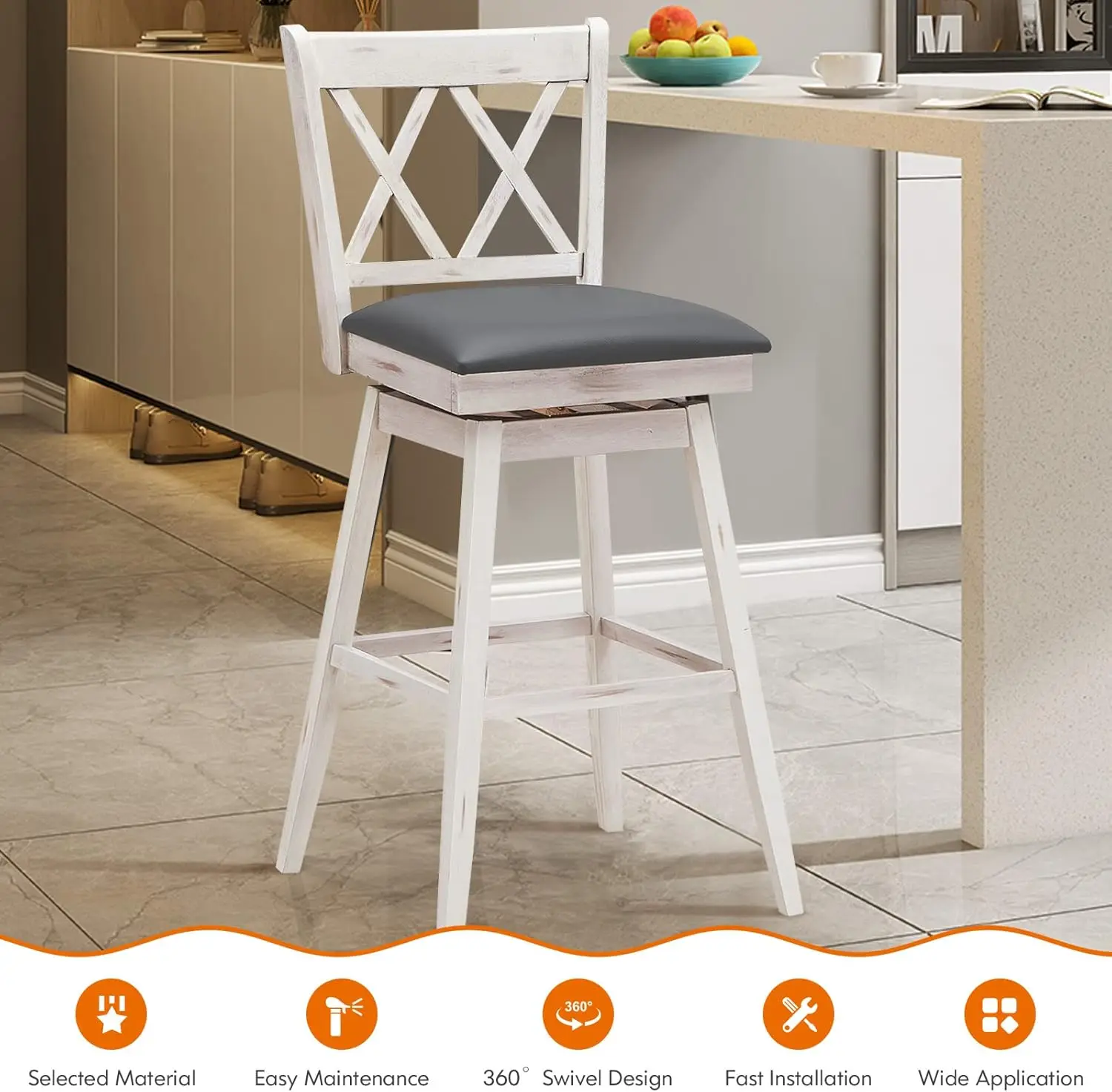 COSTWAY Bar Stool Set of 4, 360 °Swivel Bar Height 29.5 inch Bar Stool with Foot Rest Upholstered Cushion & Ergonomic Backrest