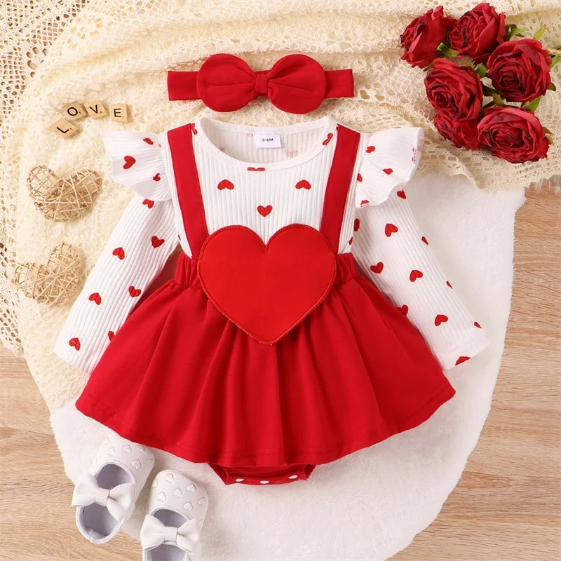 

Sweety Baby Girls Valentine's Day Romper Dress Long Sleeve Ruffle Heart Letter Print Bodysuits Jumpsuit with Headband Clothes