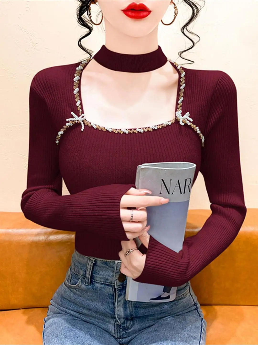 Feminino longo sve gola quadrada camisola de malha fino ajuste interior irt topo inverno faion sensação grânulo design ne pendurado