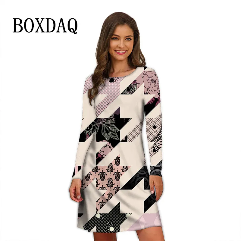 Bird Lattice Plaid Print Dresses Autumn 2022 Women Trend Long Sleeve A-Line Dress Vintage Casual O-Neck Oversize Ladies Clothing