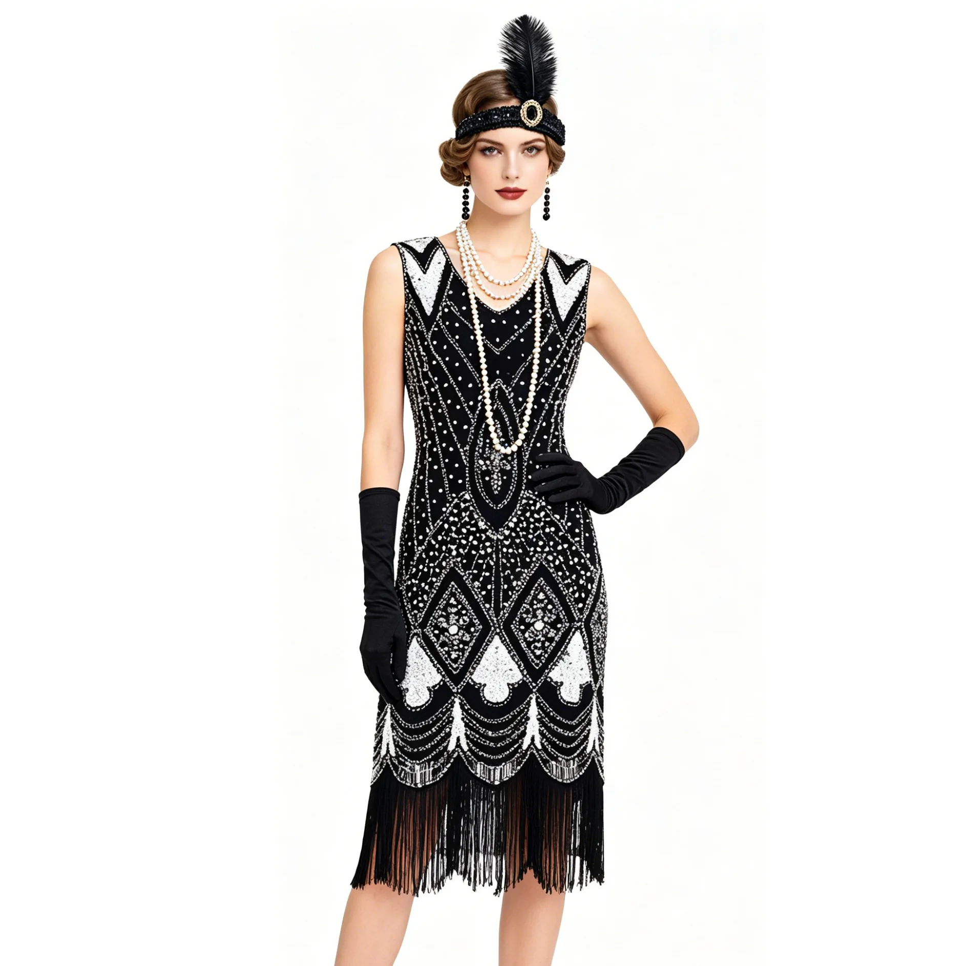 Retro Beaded Tassel Dress Evening Party Stage  Dress Cross-Border Vintage Sequin Gown Elegant Women's Traditional Costume