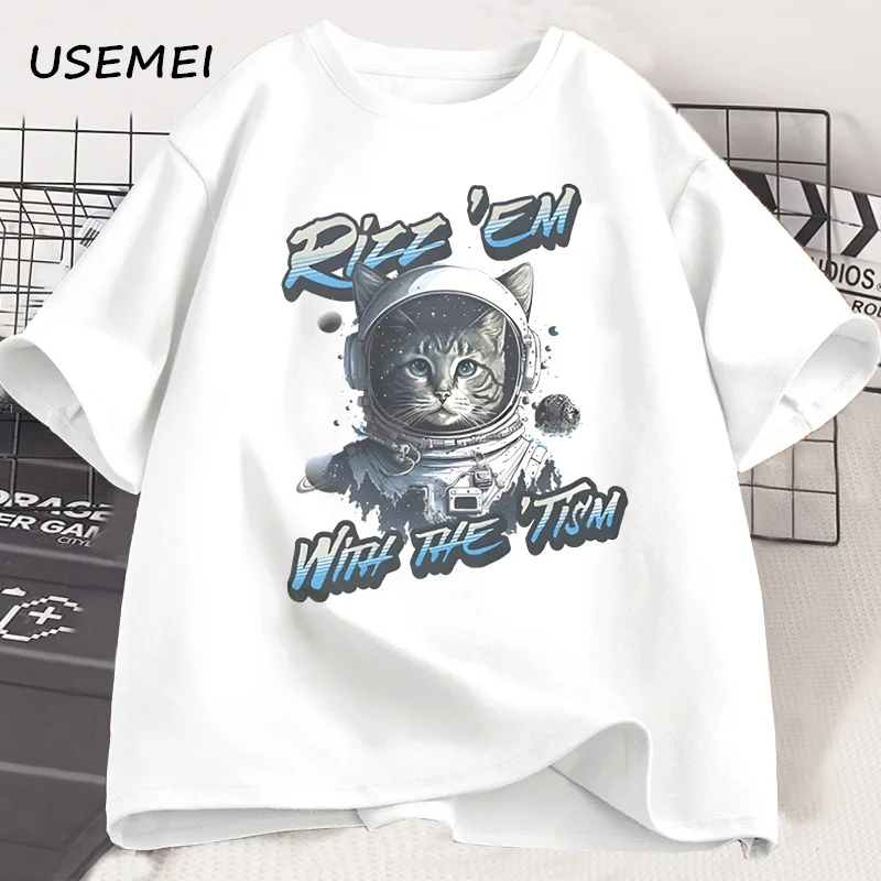 Rizz Em with The Tism Space Cat T Shirt Men Designer Clothes Funny Autism ADHD T-shirt Casual Round Neck Printed Tshirt Clothes