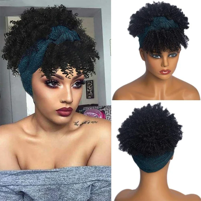 Synthetic Kinky Curly Headband Hair Wigs for Women Short High Puff Curly Head Band Wig with Bangs Afro Curly Scarf Wig Cosplay