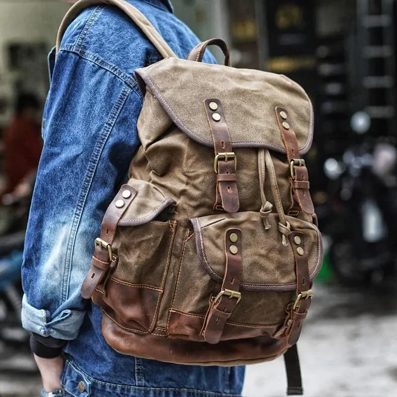 Waxed Canvas Leather Rucksack Backpack Vintage Waterproof Bookbag for Men Outdoor Hiking Travel Bag