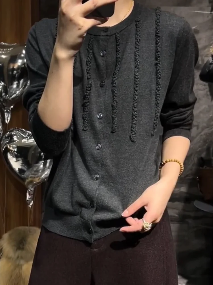 

Вязаный кардиган с круглым вырезом, больших размеров, модный, универсальный, стройнящий топ, осенняя новинка, корейский стиль, длинный рукав