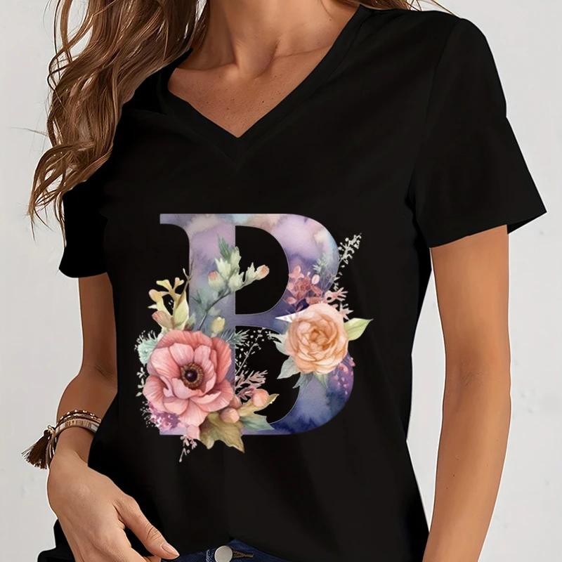 Flower Alphabet Women T-shirt Watercolor Letter A-Z Print Clothing Ladies V-neck Loose Short Sleeve Blouse Letter Series Tshirt image 2
