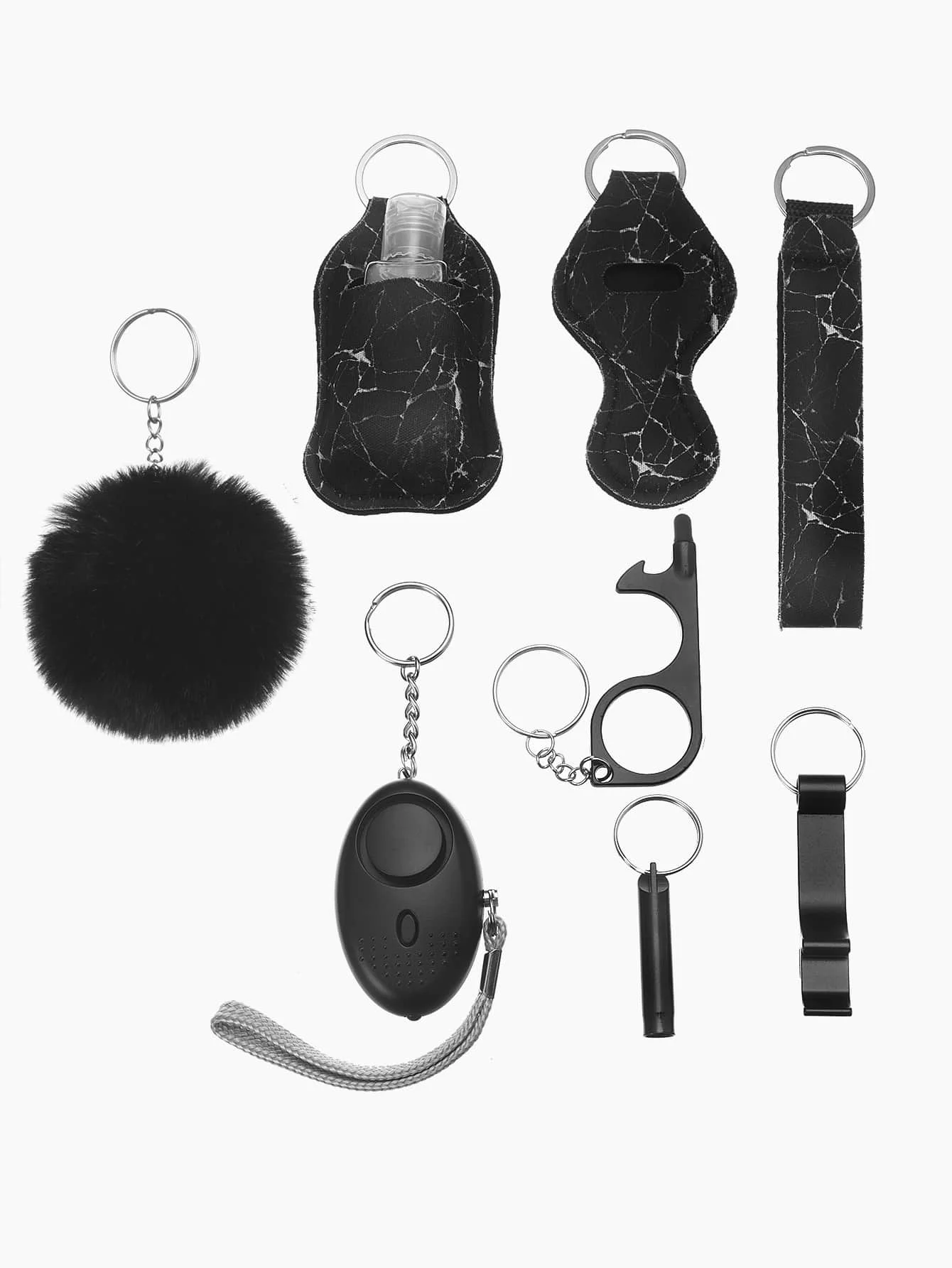 

9pcs Black Self Defense Keychain Set With Alarm, Sanitizer Holder, Pom Pom, Wristband And Tools