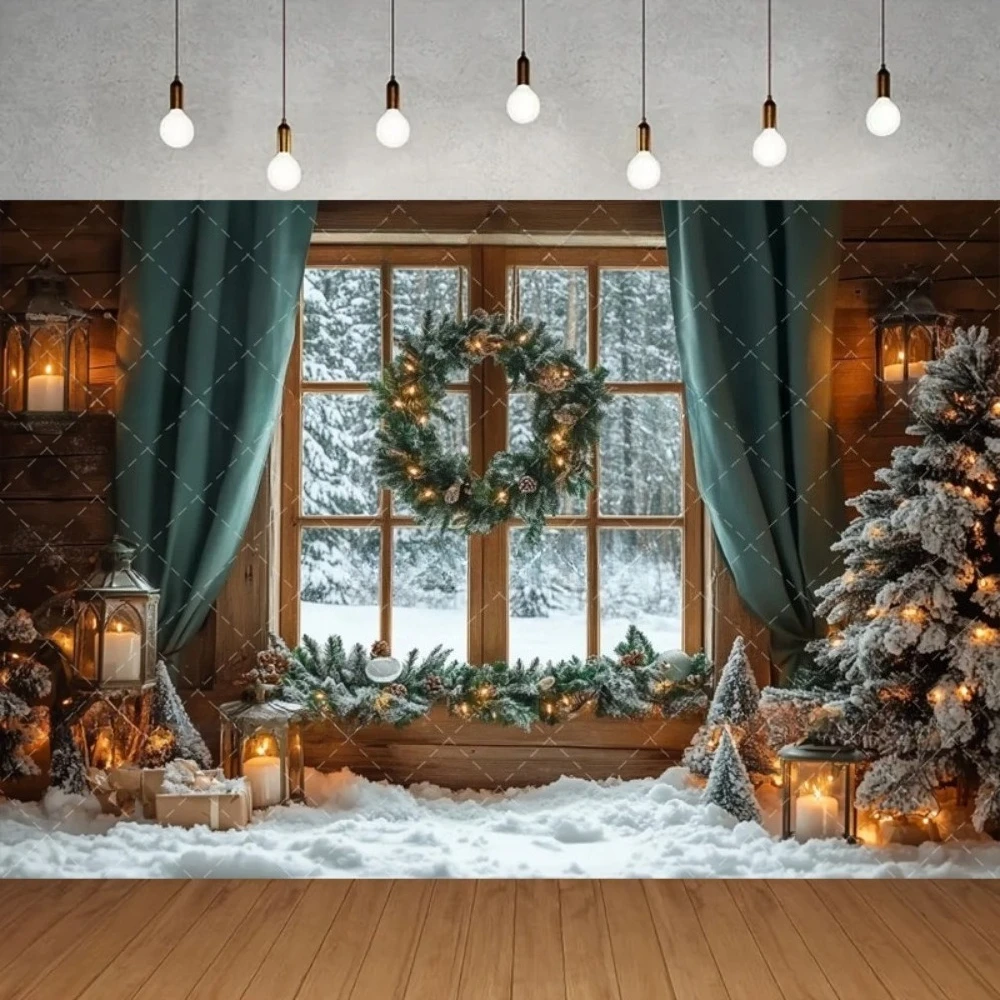 

Winter Christmas window banner shooting Backdrop, snow scenery, green curtains, Christmas tree, candlelight photography Backdrop