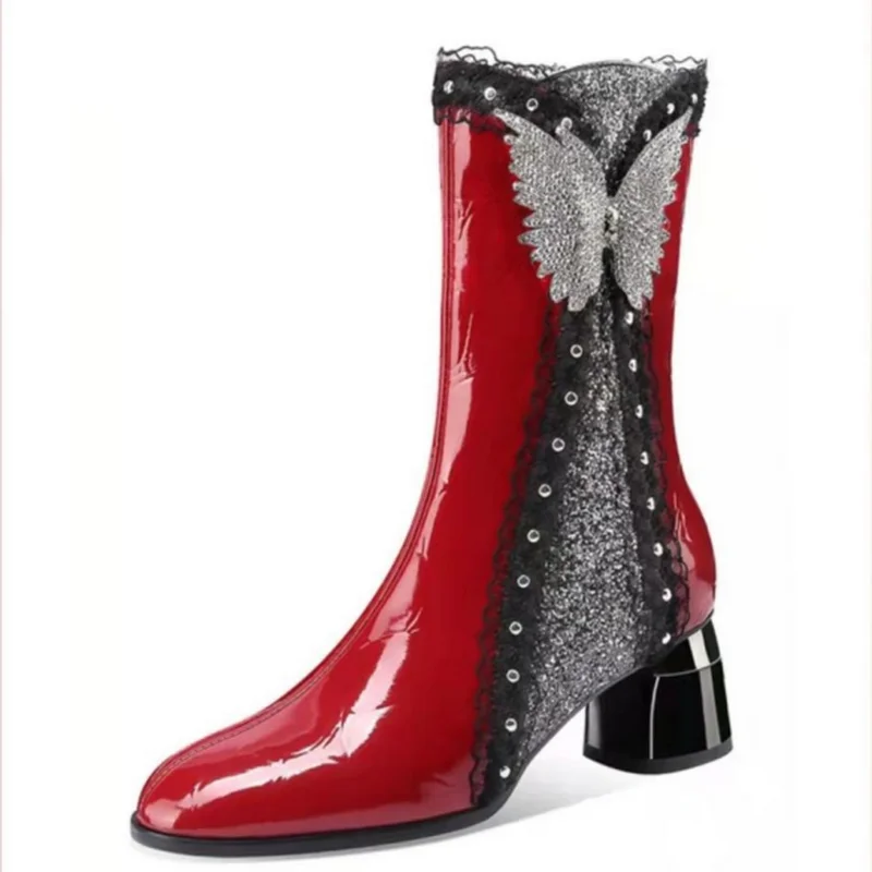 FHC Sexy Women Ankle Boots,High Heels Botas,Winter Shoes Short Booties,Rhinestone Bowtis,Pointed Toe,Side Zip,35-42,Red,Dropship