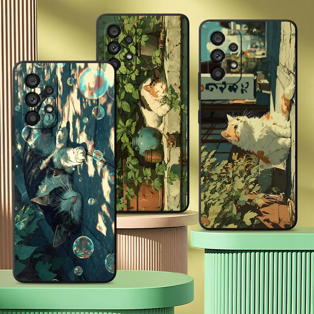 Wafu Neko Cozy Cat Corner Case for Samsung Galaxy A50 A10 A20e A20s A03 Core A5 A7 A70 A40 A04s A50s A8 TPU Black Phone Cover