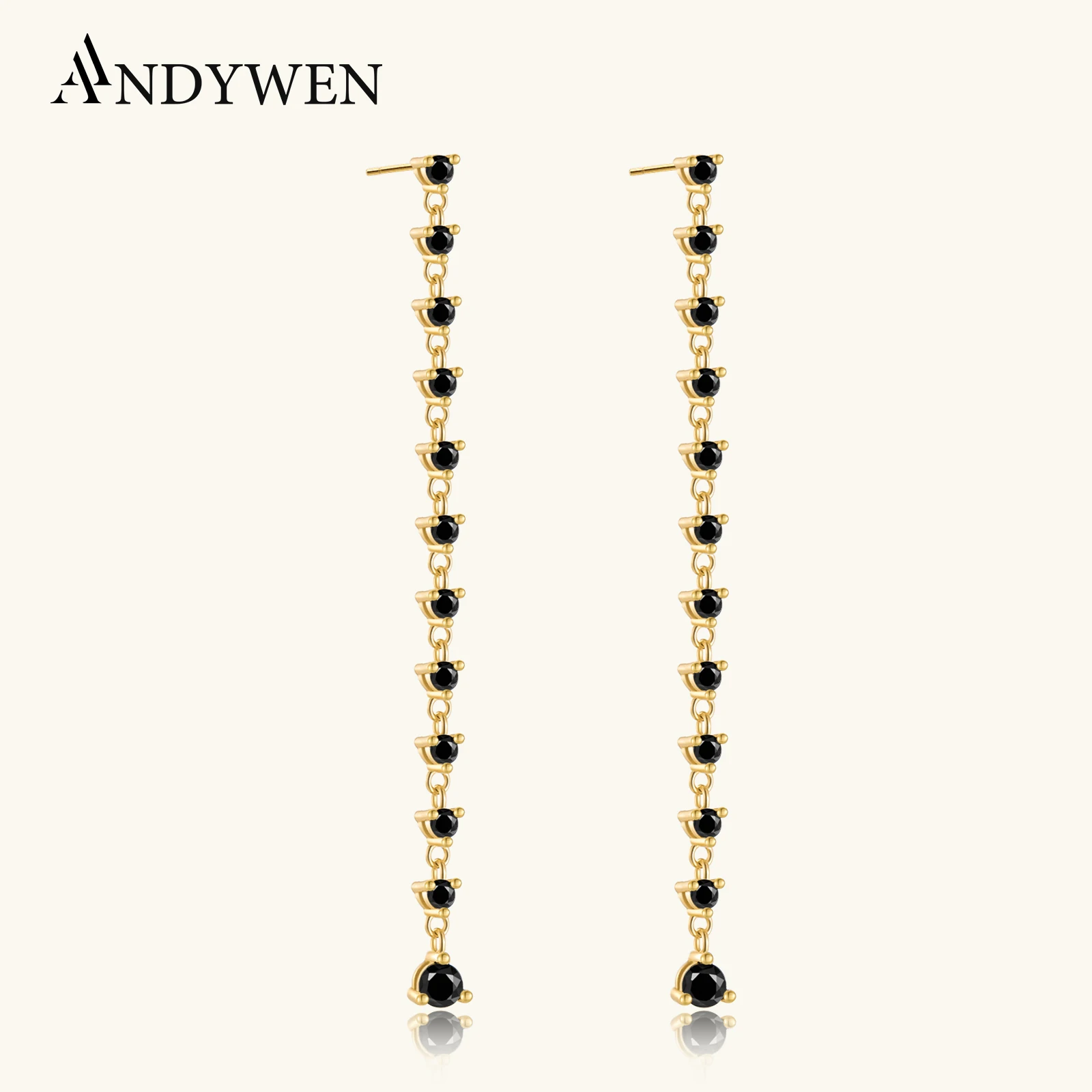 

ANDYWEN 925 Sterling Silver 50mm Line Zircon Chain Drop Earring Long Crustal Round CZ Luxury Women Fine Jewelry Party Piercing