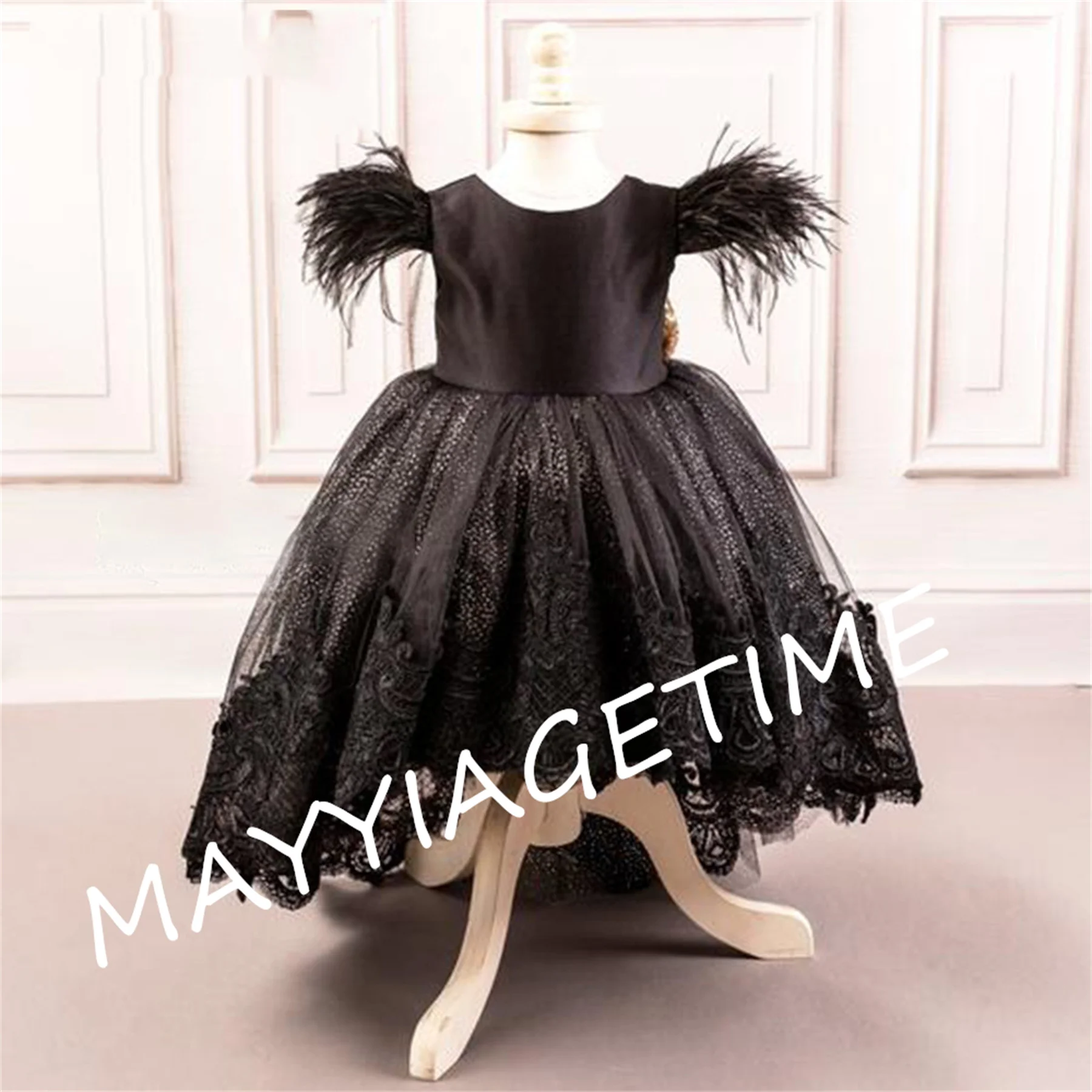 

Kid High/low Lace Layers Skirt Party Dresses Glitter Sequin Bow Knot Pagnant Dresses Feather Sleeves V Back Flower Girl Dresses