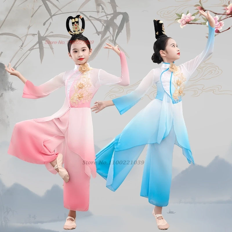 

2026 chinese children dance costume traditional flower embroidery chiffon qipao tops+pants set stage performance folk dress