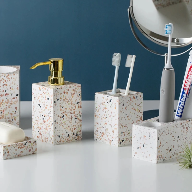 Decorative Toiletries Wash Set - Square Mouth Cup, Toothbrush Holder, Lotion Bottle & Soap Dish for Organized Bathroom Use