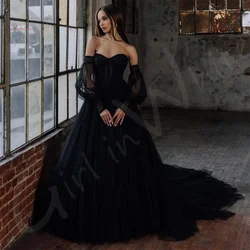 A Line Off The Shoulder Wedding Dress Princess Black Tulle Wedding Gown Lace Up Back Bridal Gown customized vestido de novia