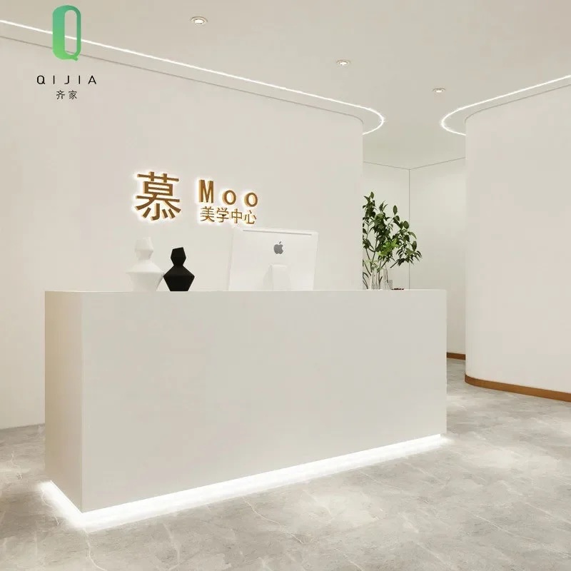 for White Clothing Beauty Salon Cashier Counter with Light Company Reception Front Desk Simple Spot Bar