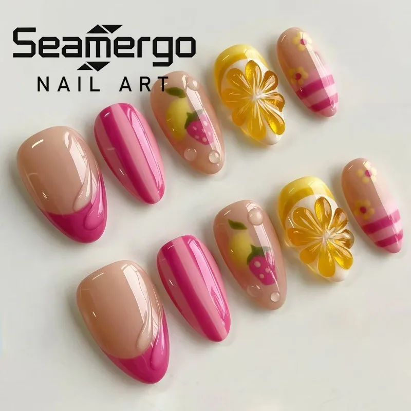 24PCS Spring Summer Pink French Press on Nails Fresh Lemon Strawberry Design Fake Nails for Women Sweet Fruit Almond False Nails