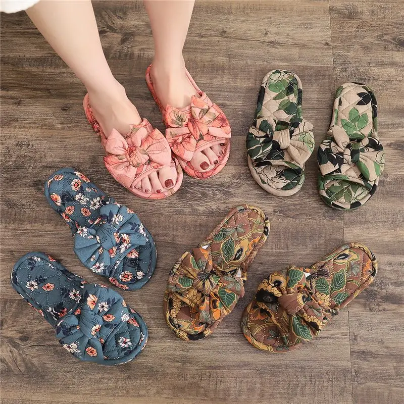 Summer Silent Fabric Bottom Slippers Indoor Home Use Pure Cotton Fabric Bow Tie Female Soft Sole Lightweight Four Seasons Male