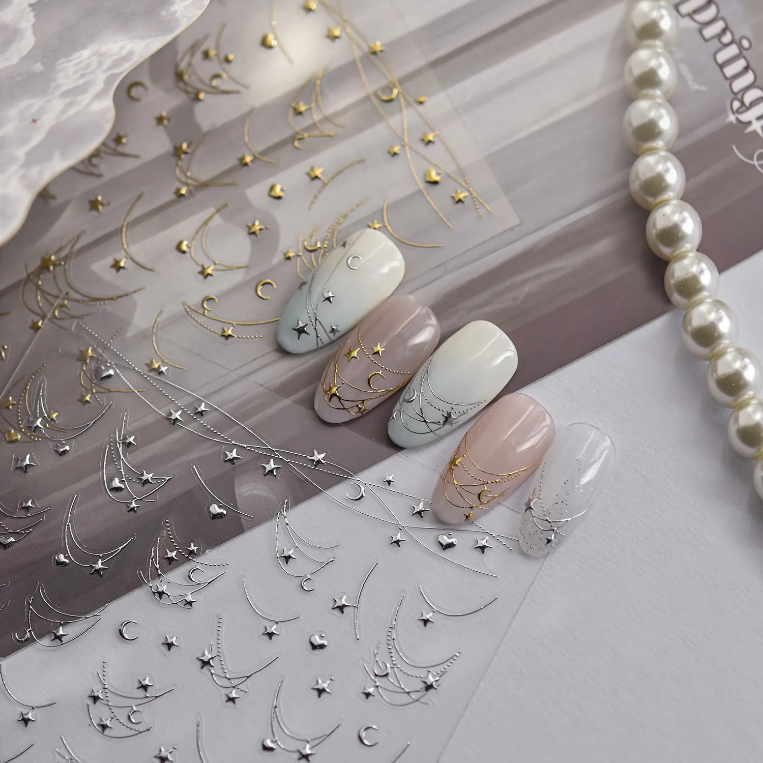 Elegant Gold And Silver Star Moon Love Heart Necklace High Quality Nail Stickers Fashion Art Design Decorative Decal T-4050