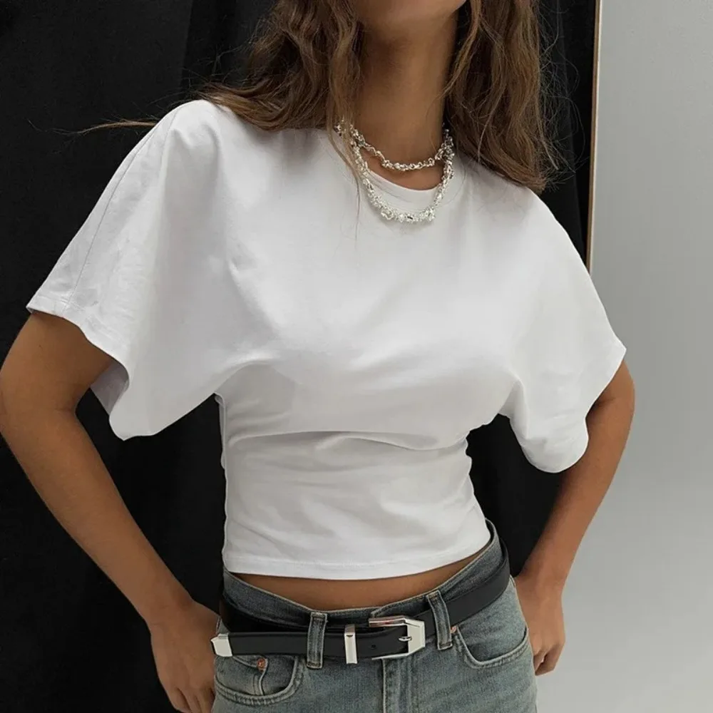 

Summer Elastic Cropped T-shirt Fashion Slim Fit O-neck Short Sleeve T-shirt Solid Color Ruched Crop O-neck Corset Tops