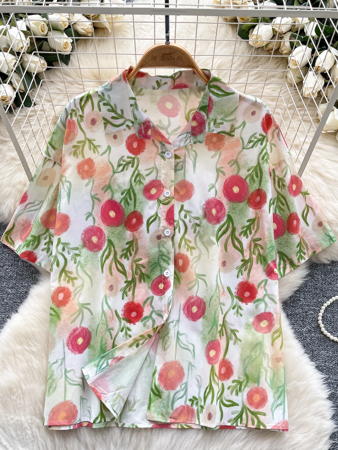 

Summer Casual ort Sve irt Women's Loose Fit Single Button Print Top Vintage Versatile Slimming Commute Korean Sle