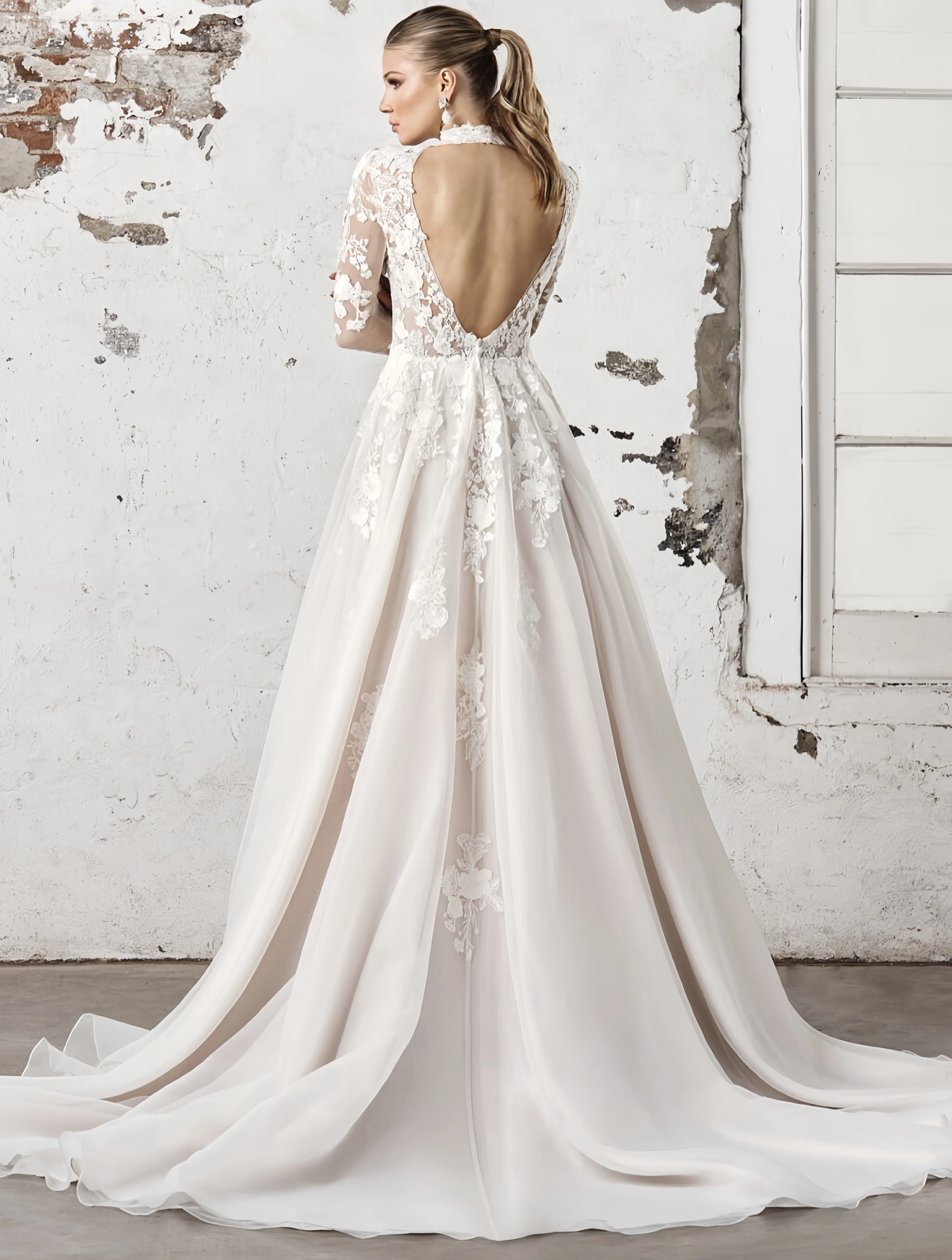 맞춤형 럭셔리 웨딩 드레스, 레이스 아플리케 하이 넥 긴팔 드레스, 파티 이브닝 ​​가운, 신부 들러리, 앞 안뜰