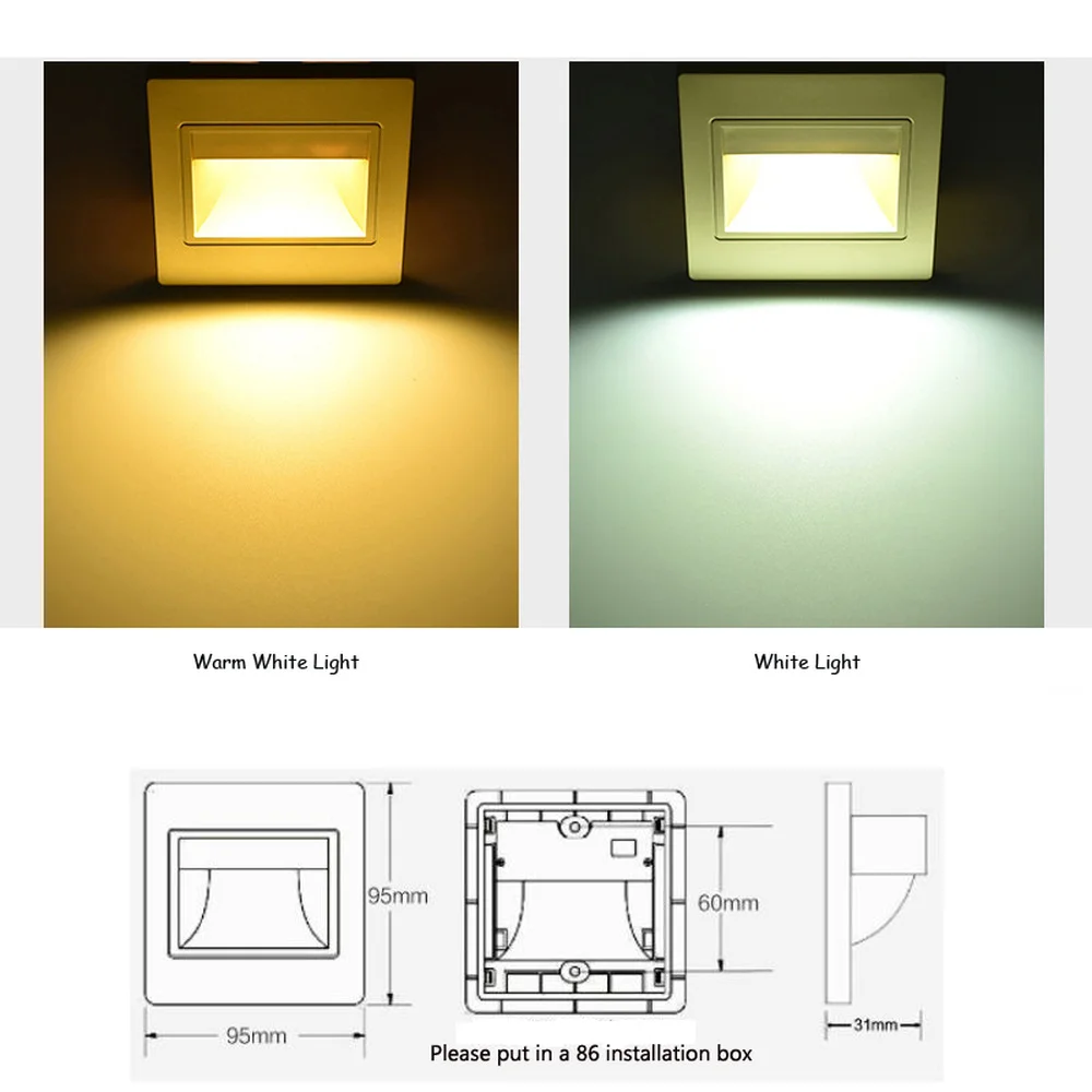 Imagem -06 - Recessed Led Escada Luz 95x95 mm Passo Escada Lâmpada de Parede 100240v 1.5w Footlight Quente Frio Branco Azul Escada Passway Iluminação