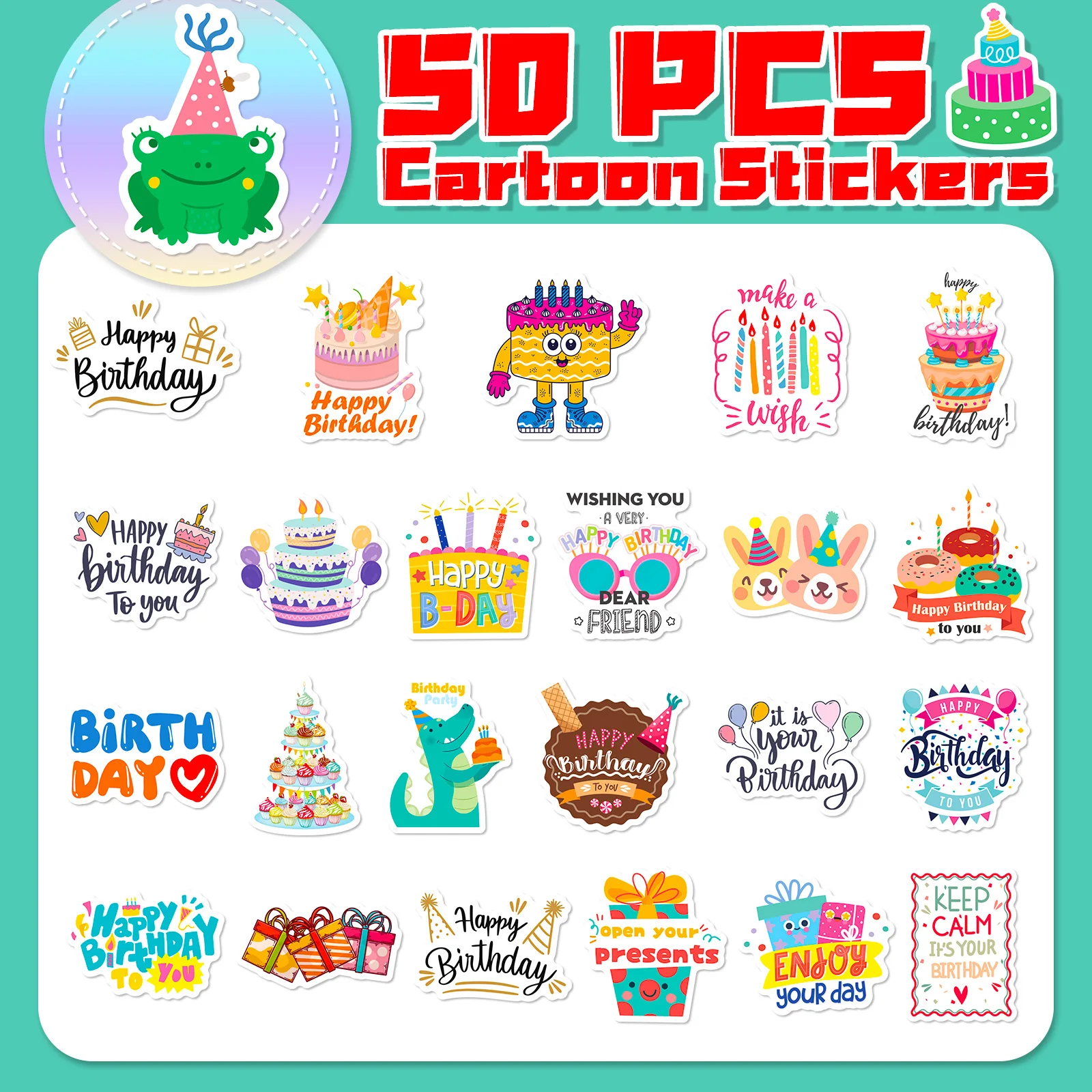 50PCS Happy Birthday Stickers Birthday Party Stickers Candy Cake Stickers Colorful Waterproof Vinyl Stickers Decal