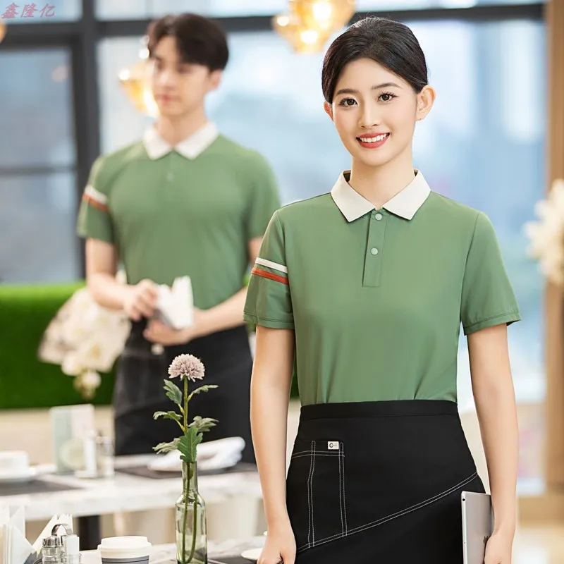 Radiador ocidental, grelha de bife, uniformes de trabalho de verão, catering, comida rápida, restaurante, grande barraca de comida, garçom, manga curta, pano de trabalho