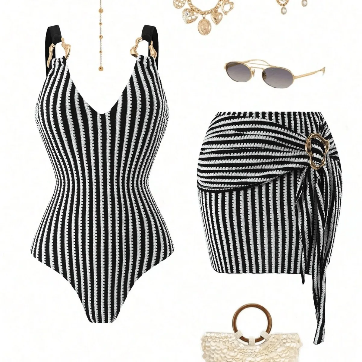 Women 2-Piece Swimsuit Swimwear Set With Skirt Contrast Print Elegant Beach Vacation Summer Holiday Resort Wear Swimming Costume