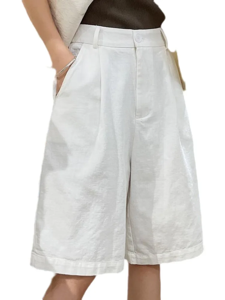 Hohe Taille, gerades Bein, Baumwolle, Leinen, für Damen, Sommer, dünn, über dem Knie, A-Linie, weites Bein, sechsteilige Hose, Freizeithose