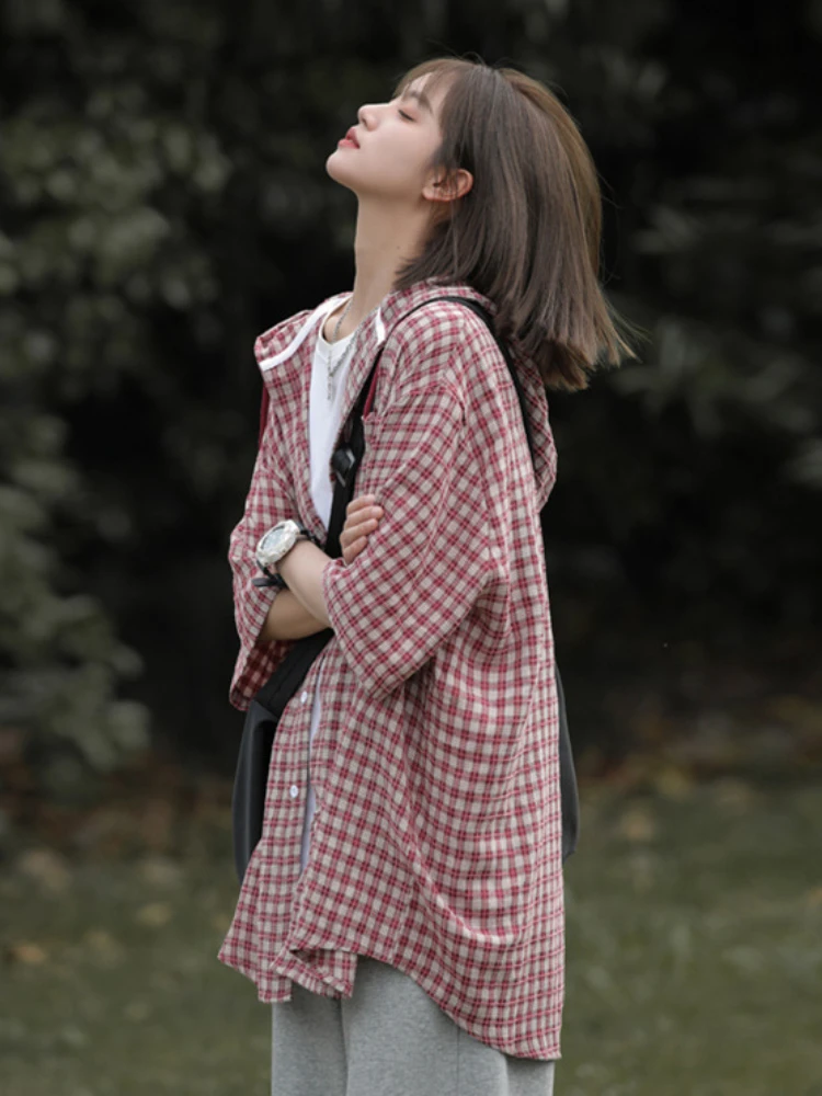 Hooded Shirts Women Plaid Loose Cozy Half Sleeve Youthful Vitality Simple Daily Slouchy Leisure Hipster Japanese Style Classic