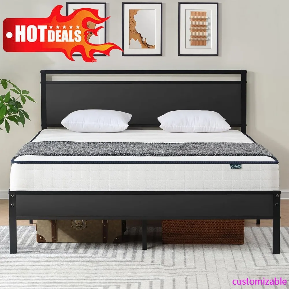 Upgraded King Size Bed Frame, Heavy Duty Metal Sturdy King Bed Frame With Modern Wood Headboard & Footboard 