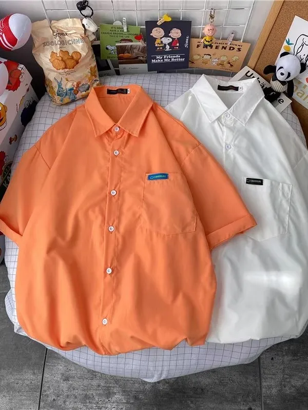 

Стильная свободная однотонная рубашка с короткими рукавами, модная рубашка унисекс для пар, в гонконгском стиле, из полиэстера, летняя, тонкая...