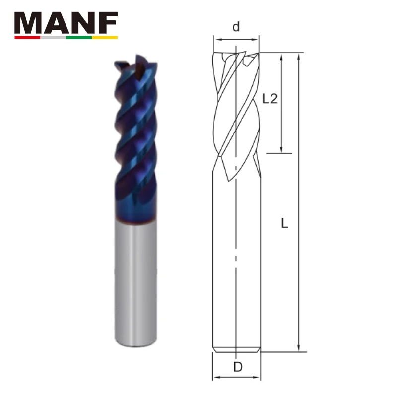 MANF 4 Flute HRC65 4mm 5mm 6mm 8mm Blue Nano Tungsten Steel End Mill Milling Cutter Tungsten Cobalt Alloy TiAIN End Mills