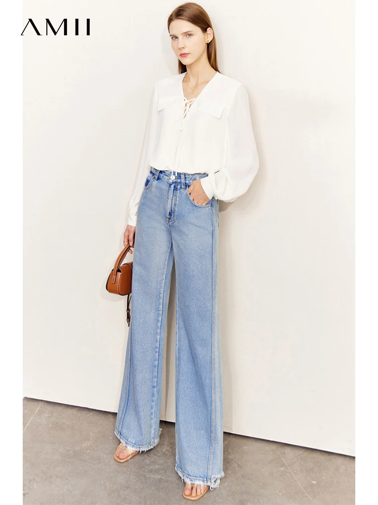 AMII Minimalism Jeans Women Autumn Casual High Waist 100% Cotton Wide Leg Pants Ins Korean Straight Denim Blue Trousers 12270354