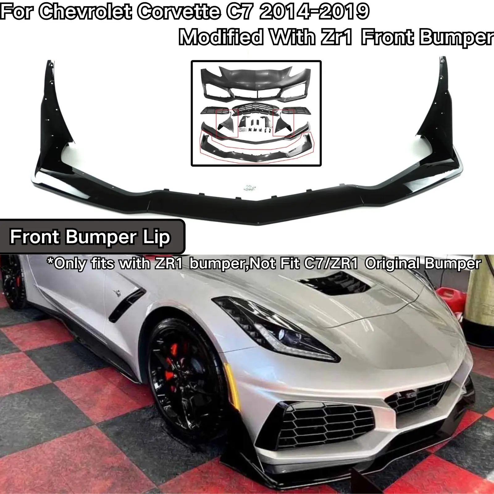 Für Chevrolet Corvette C7 2014 2015-2019 Modifiziert mit Zr1 Stoßstange, Frontstoßstangenlippe mit Winglets, Spoiler, Splitter, Karosserie-Kit