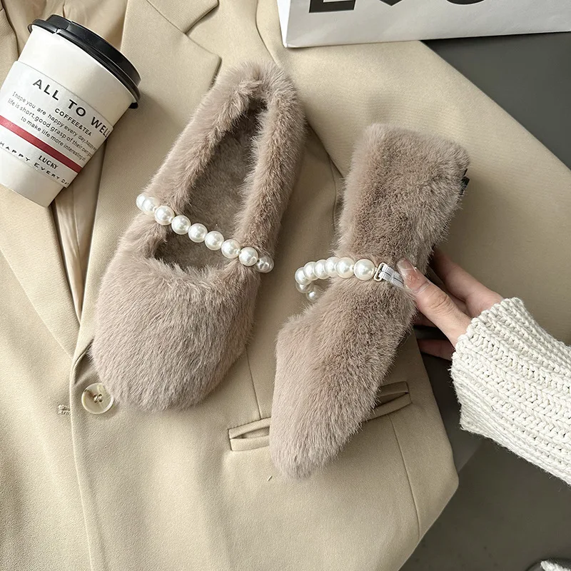 Casual Woman Shoe Round Toe Pearl Decorateion Modis Autumn Female Footwear Loafers Fur Shallow Mouth Beading 2024 Fall Dress Moc