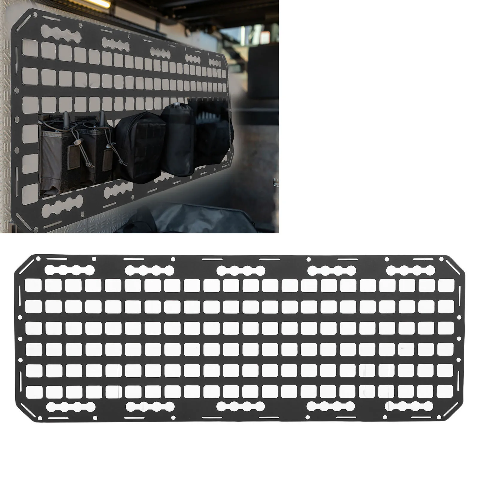 

Truck Bed Molle Panel Rack 883x330x2mm Vehicle Modular Storage Panel for Truck Car RV with Touch Fastener Straps Elastic Cords
