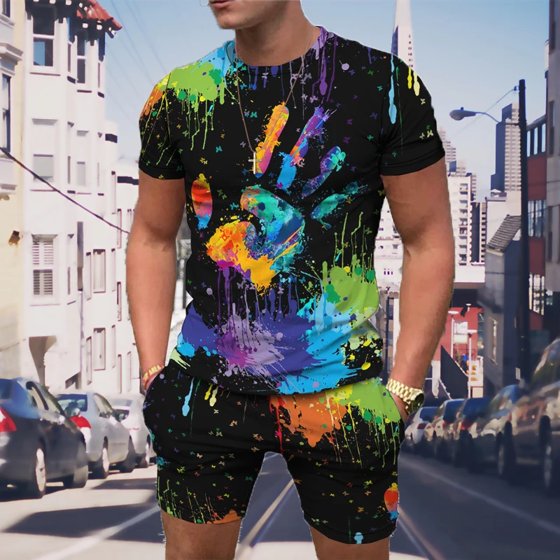 New Arrival Tracksuit High Quality Men\'s Clothing Splatter Colorful Paint Stains Palm 3D Print Casual T Shirt+Shorts 2 Piece Set