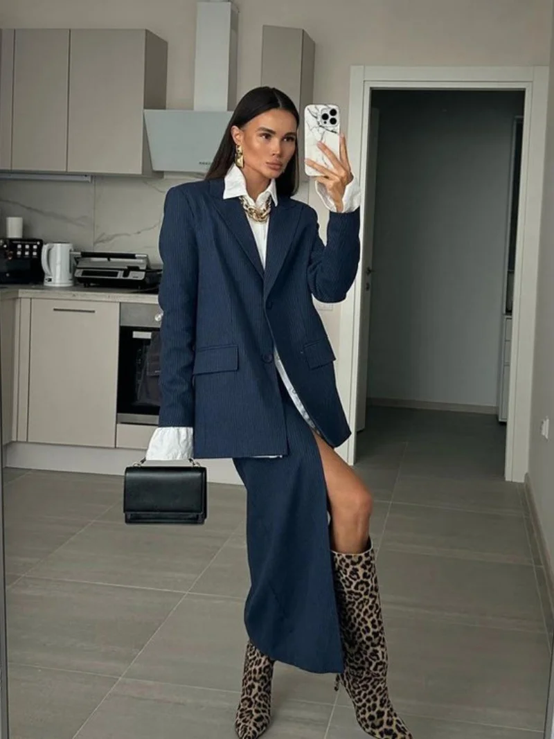 Elegante gestreifte 2-teilige Sets Frauen Outfit Herbst Kleidung Frauen Langarm Blazer Top + Rock Sets OL Stil zweiteilige Kleid Sets