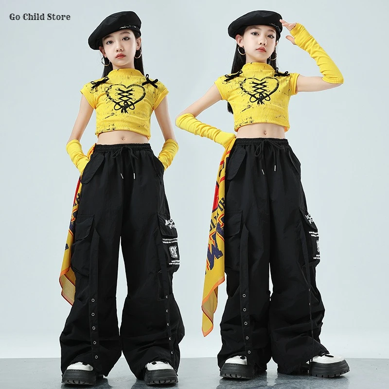 

Желтый укороченный топ в стиле хип-хоп для девочек, брюки-карго, детский костюм для уличных танцев K-pop, детская уличная одежда для девочек, комплекты одежды для джаза для подростков
