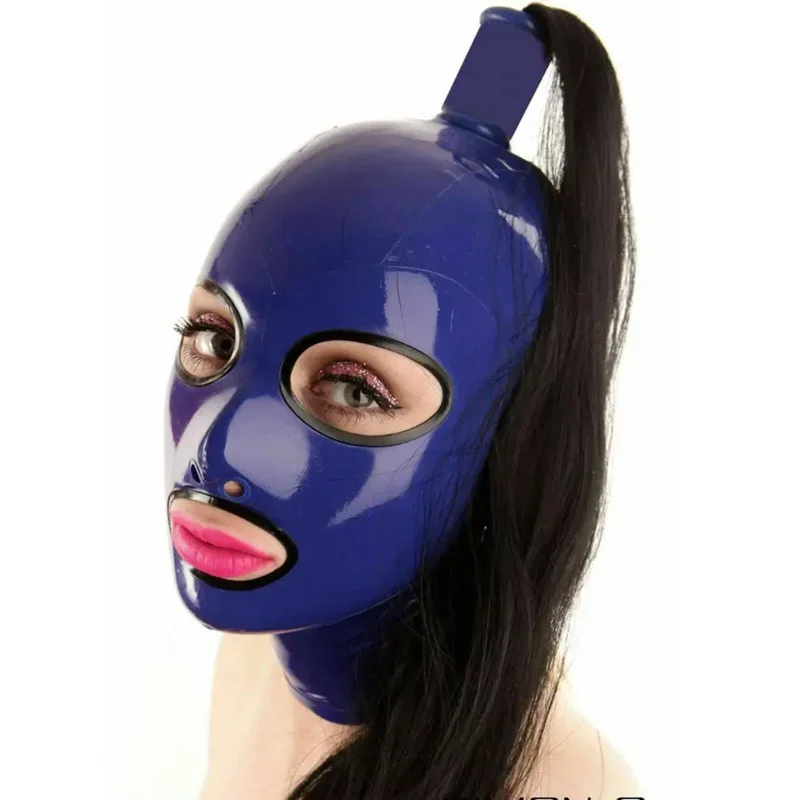 Blue Latex Unisex Hood Mask with Long Ponytail for Fetish Club Ball Cosplay Party Sexy Latex Head Hood Fresh Excitement Props