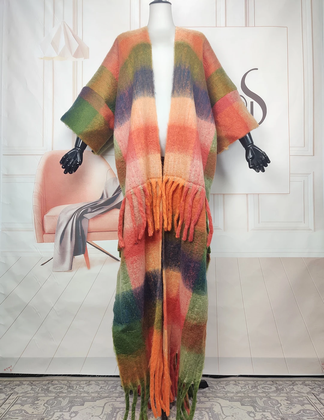 

American Popular 2023 Autumn Winter Multicolored Stripe Women's Fuzzy Long Cardigans Free Size African Lady Loose Kimonos